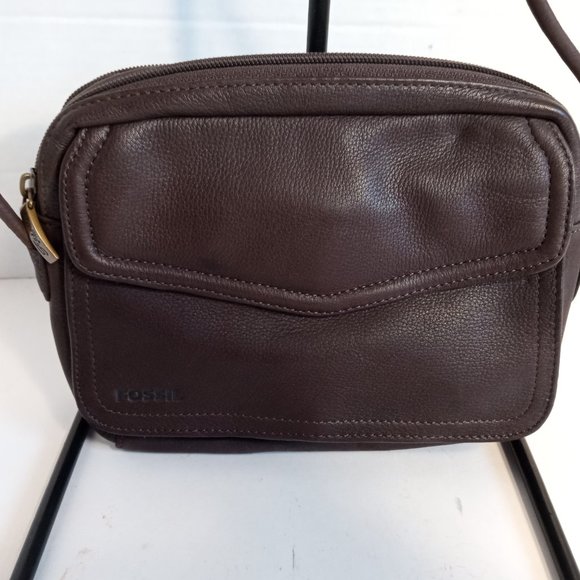 Rare 1980s FOSSIL Dark Coffee Brown Leather Compact Crossbody Organizer - Picture 3 of 12